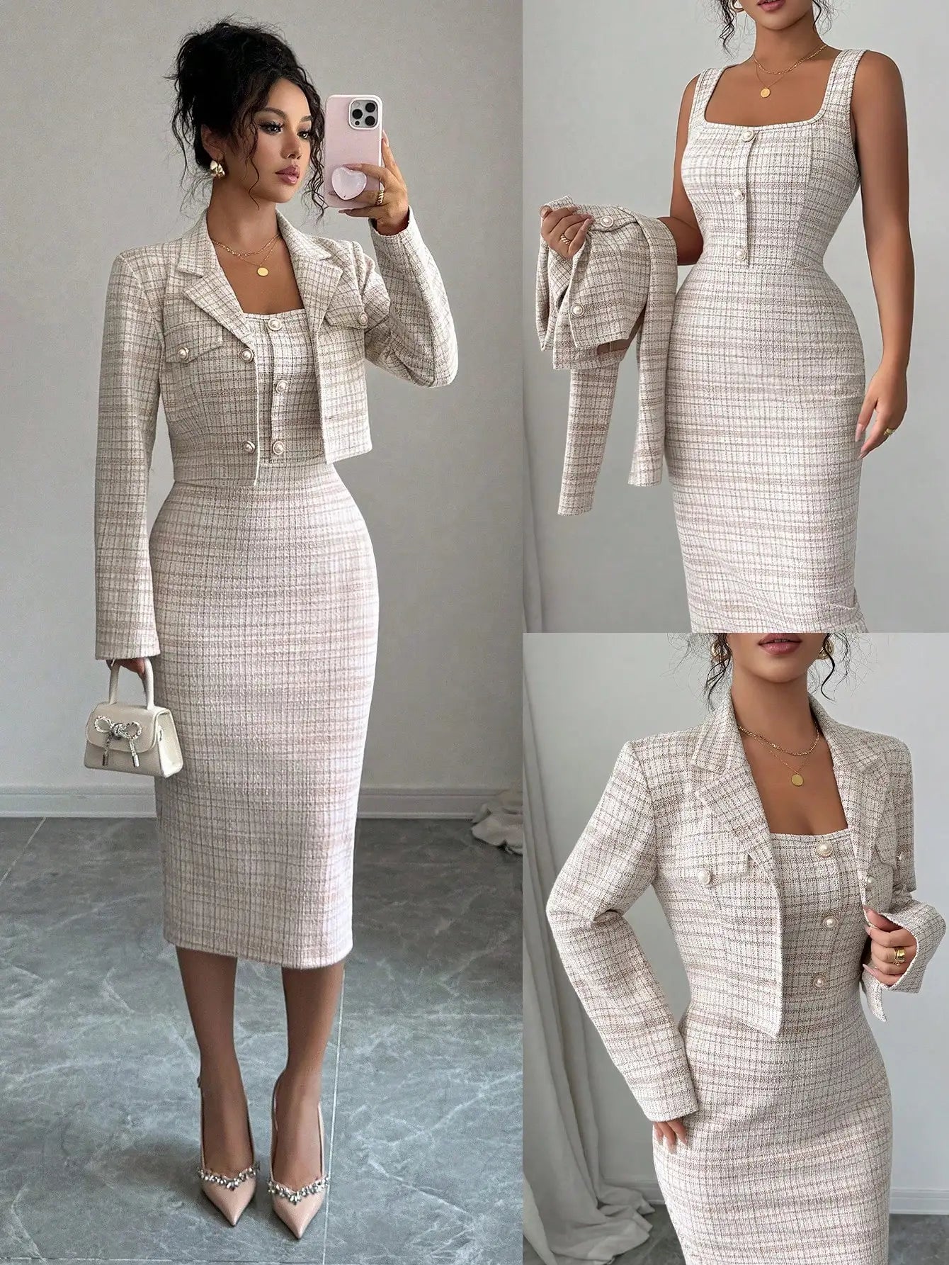 Elegant Tweed 2-Piece Set: Short Blazer Jacket + Sleeveless Fitted Bodycon Dress