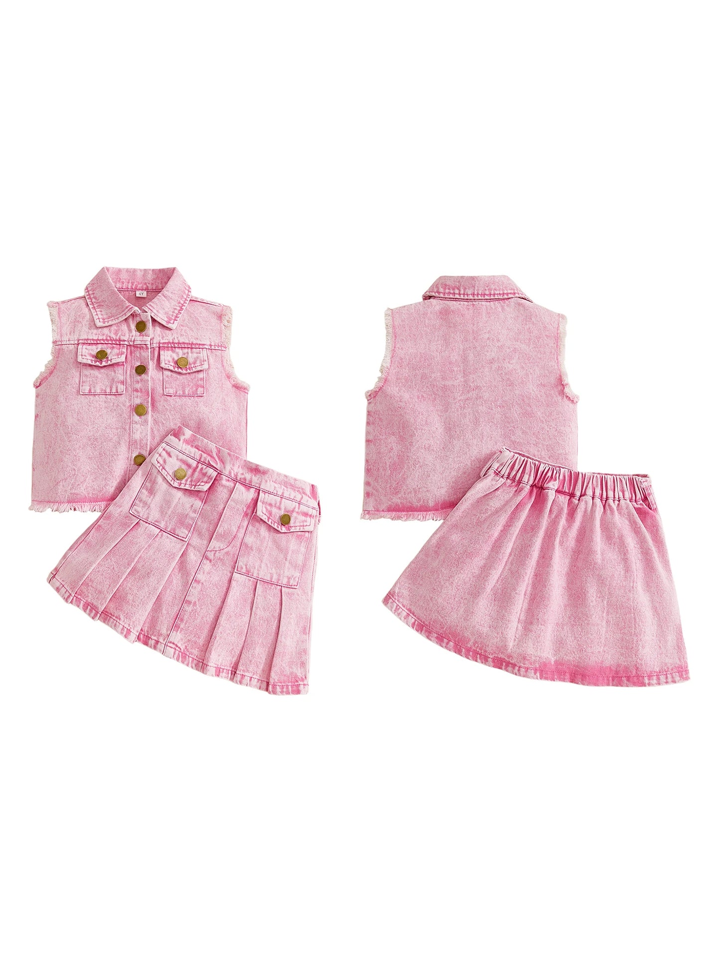Denim Sleeveless Collared Vest and Pleated Skirt