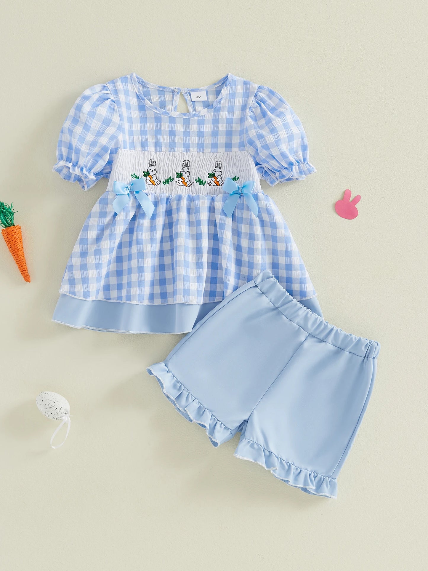 Girls Outfit Set with Bunny Embroidery Plaid Shorts and Round Neck Top