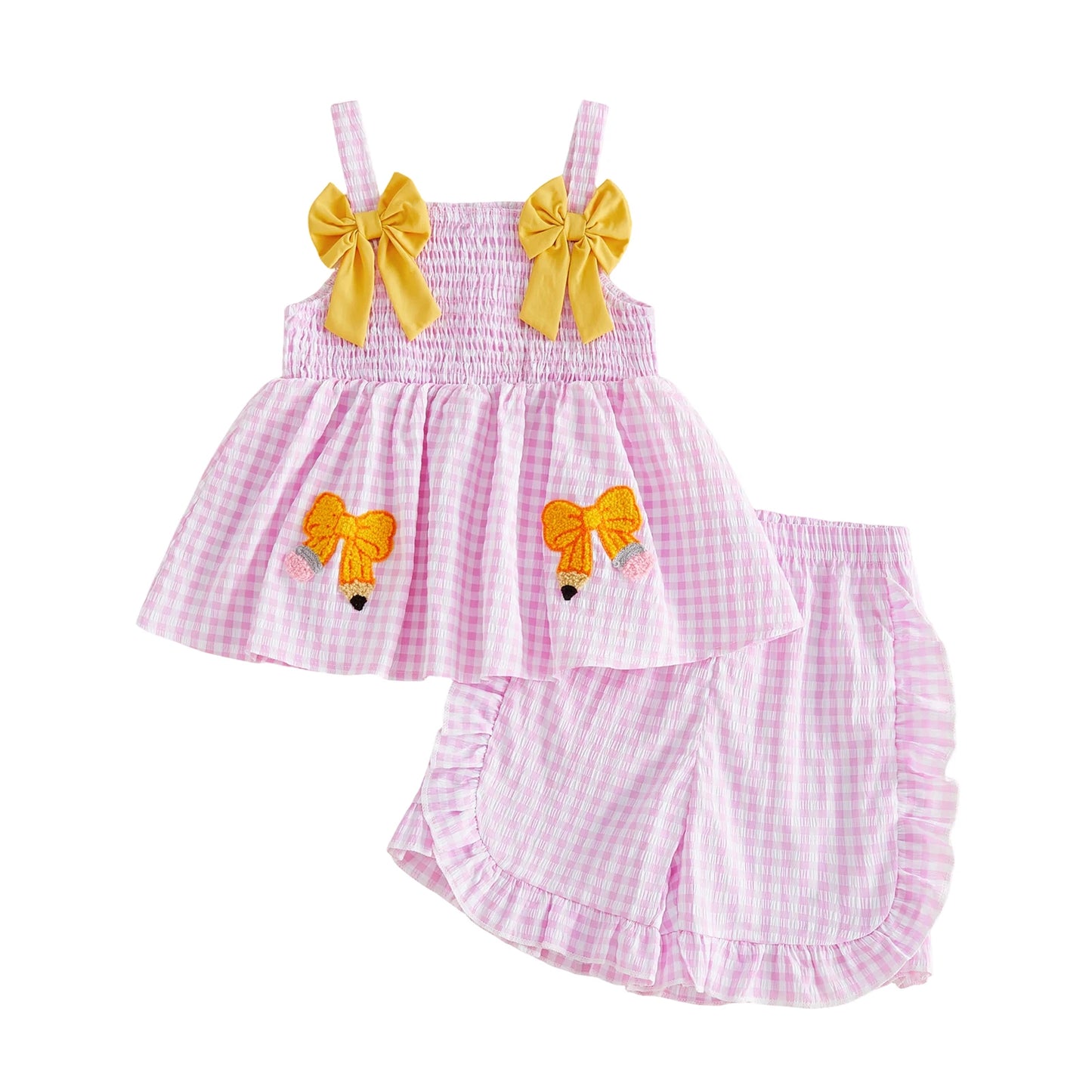 Casual Bow Pencil Pattern Plaid Sleeveless Top with Ruffled Trim Shorts