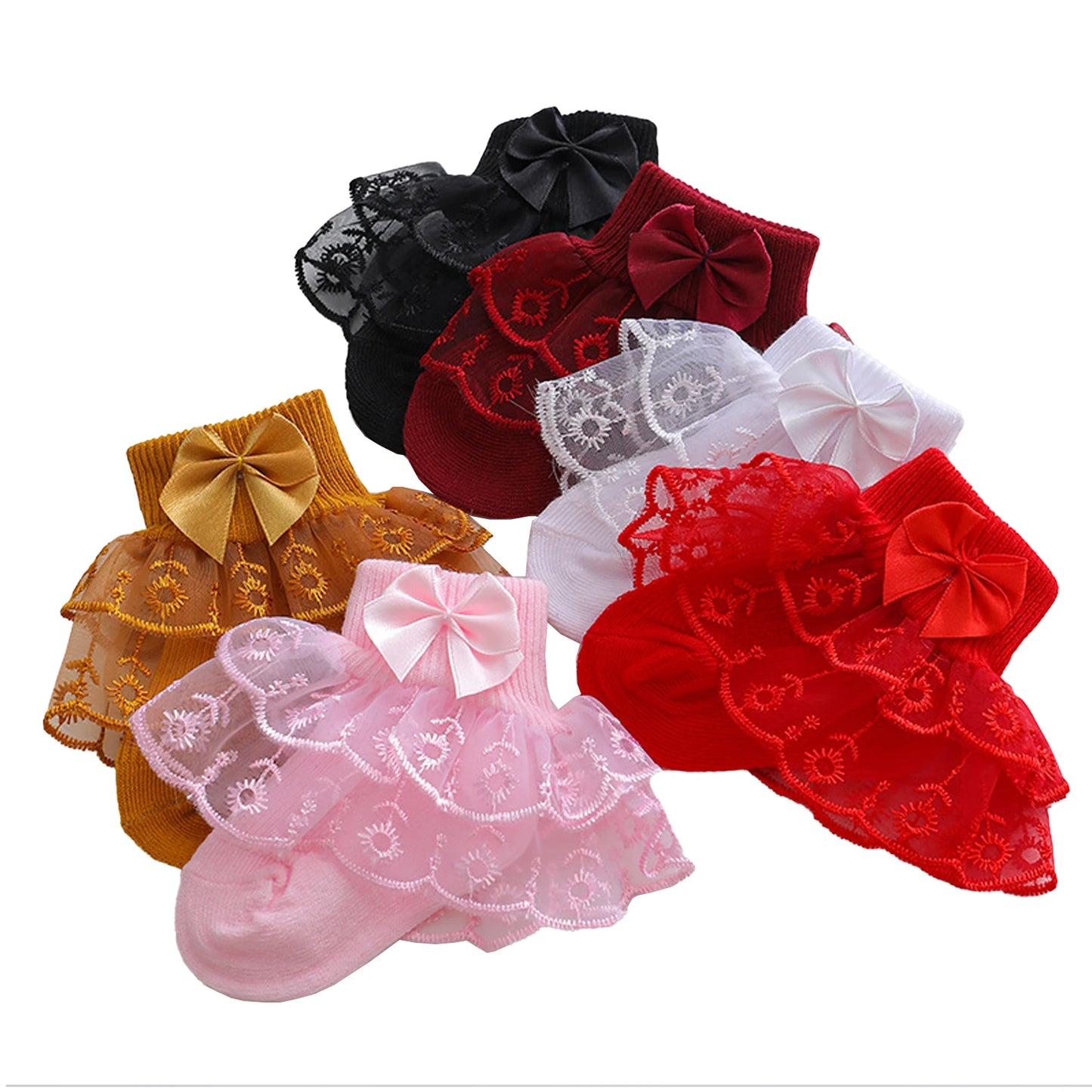 6 pairs of baby girl mid-calf socks with lace ruffle trim, breathable and comfortable lace socks
