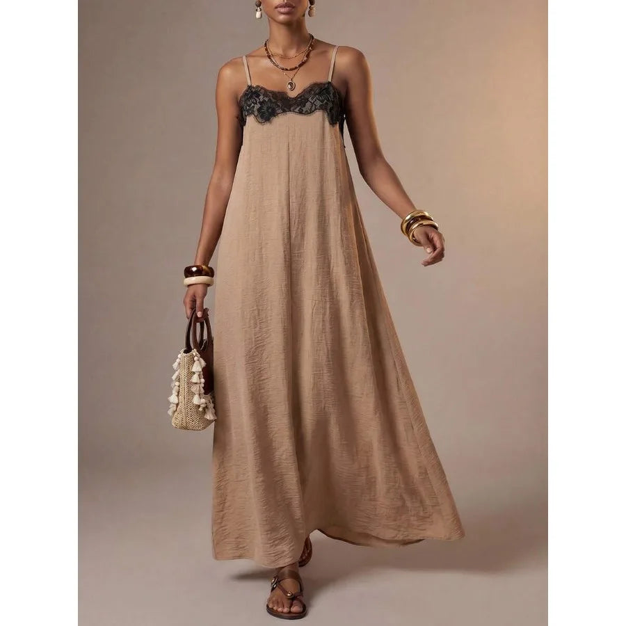 Floral Lace Splice Contrast Color A-Line Long Apricot Dress
