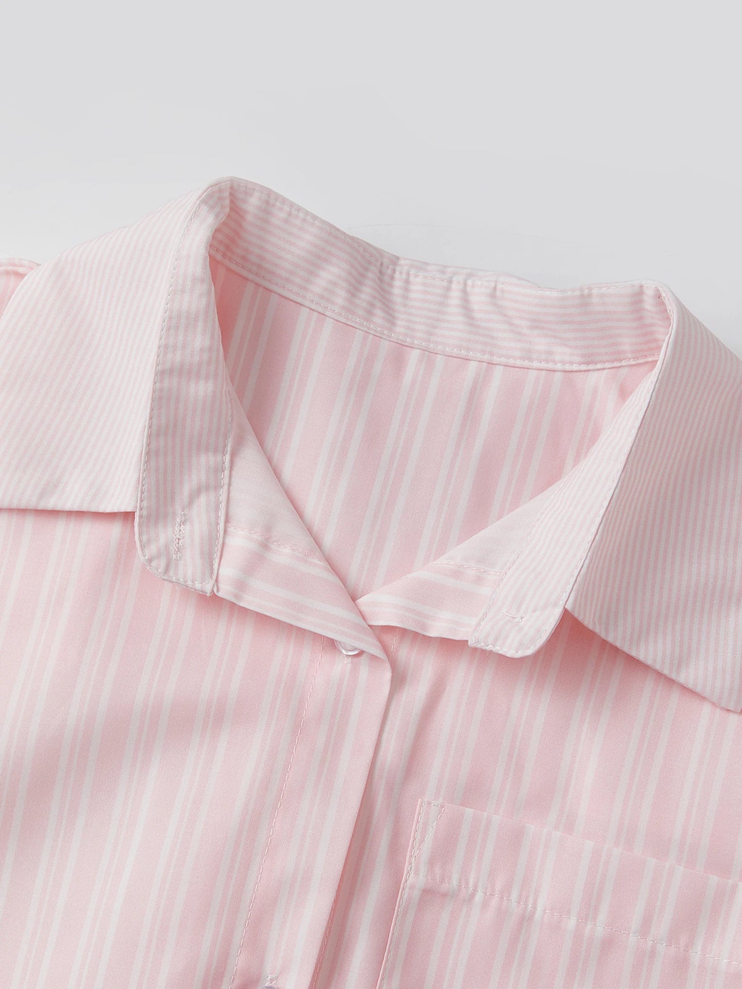 Women s Cozy 2 Piece Pajama Set with Long Sleeve Lapel Striped Shirt and Shorts