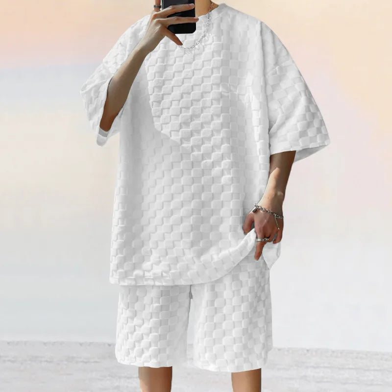 Summer Jacquard Plaid Short-Sleeve T-Shirt And Loose Straight-Leg Casual Shorts Set