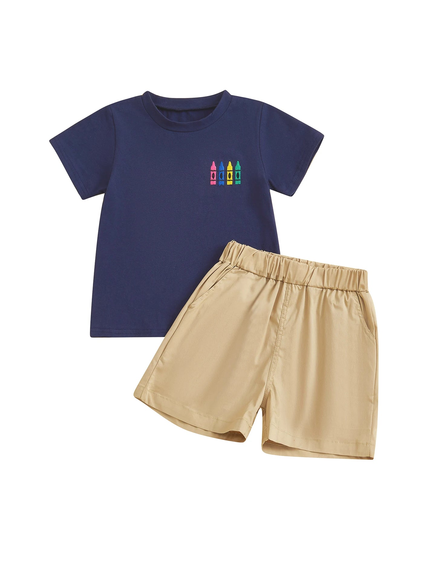 Boys Summer Outfits Colorful Crayon Print Short Sleeve T-Shirts with Matching Elastic Waist Shorts 2-Piece Clothing