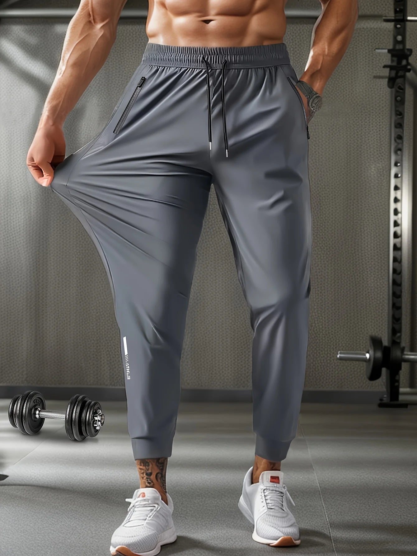 Men's Waist Drawstring Quick-drying High Elasticity Sports Training Outdoor Long Pants With Zipper Pockets
