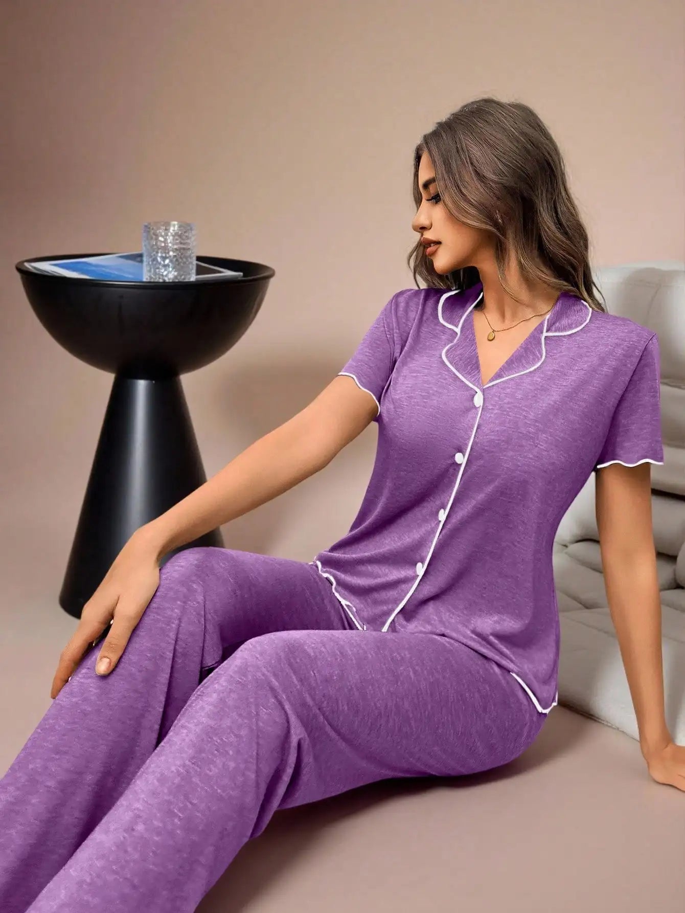 Women's Soft Lightweight Pajama Set with Ruffle Trim, Short Sleeve Top & Pants, Khaki Color