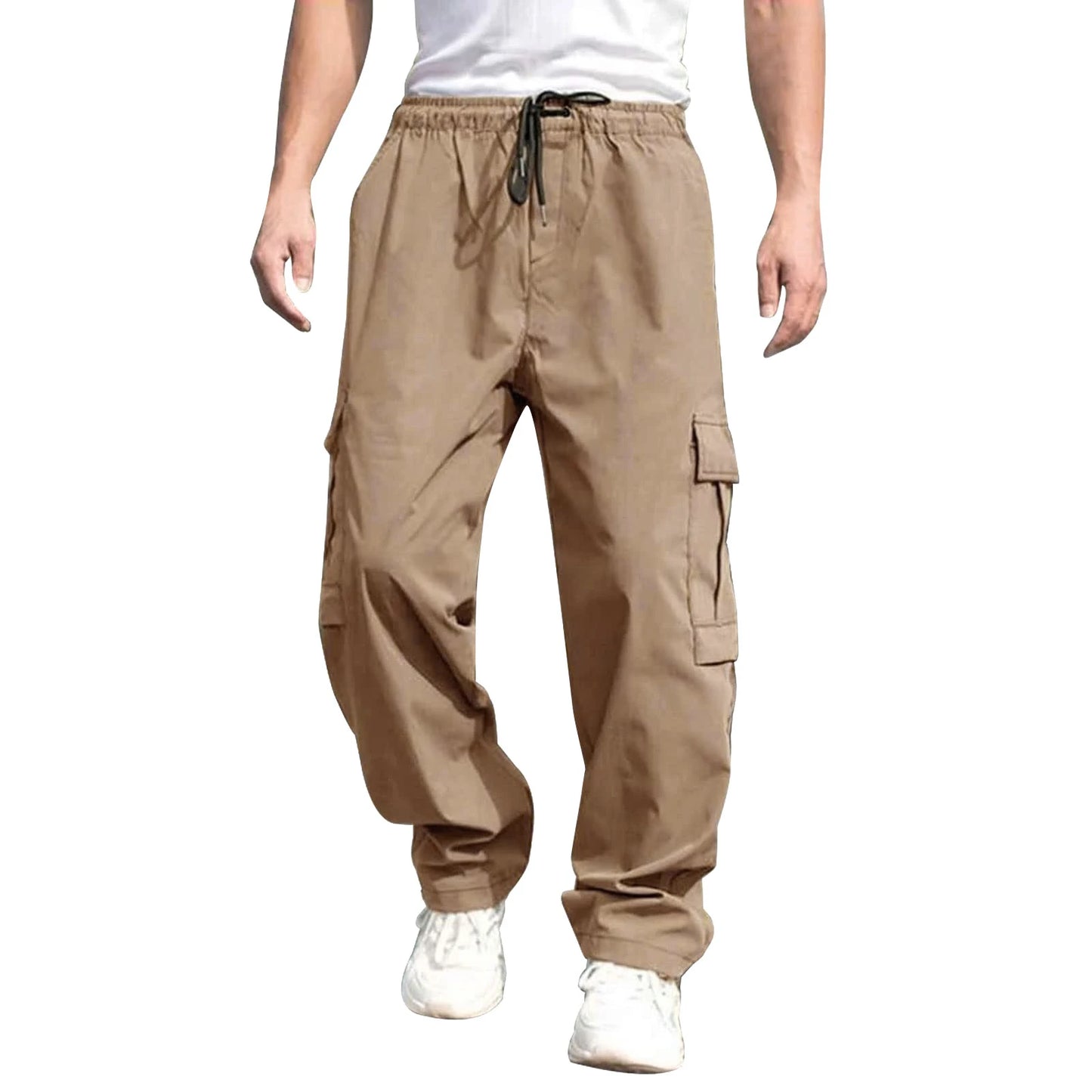 Men s Loose Cargo Long Pants Solid Color Drawstring Waist Straight Leg with Pockets