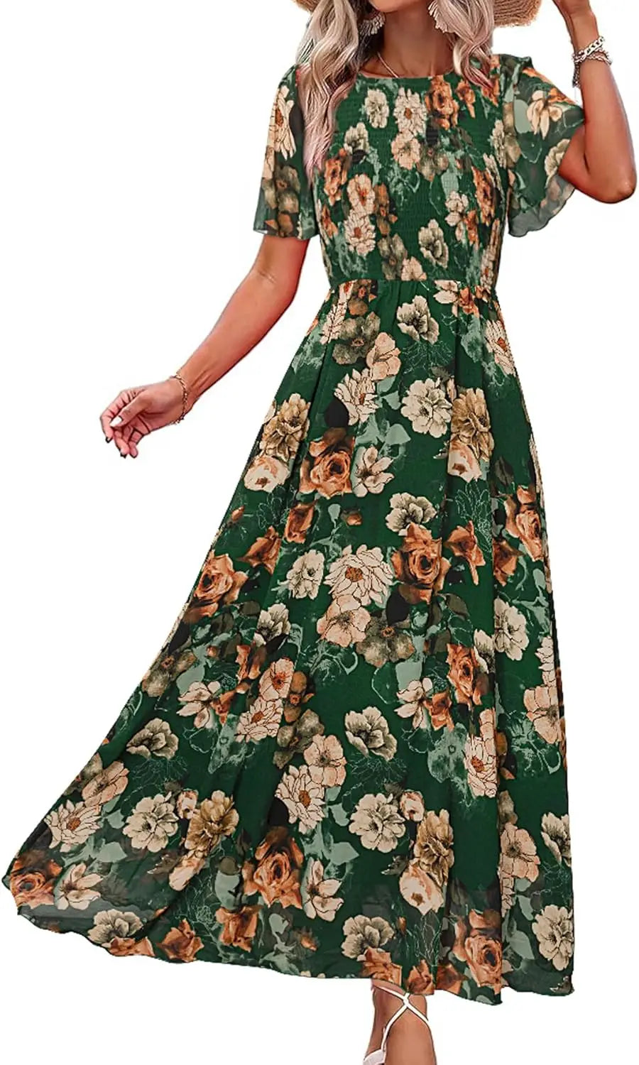 Womens Casual Floral Summer Maxi Dress 2026 Boho Flowy Short Sleeve Crew Neck Vacation Smocked Chiffon Dresses