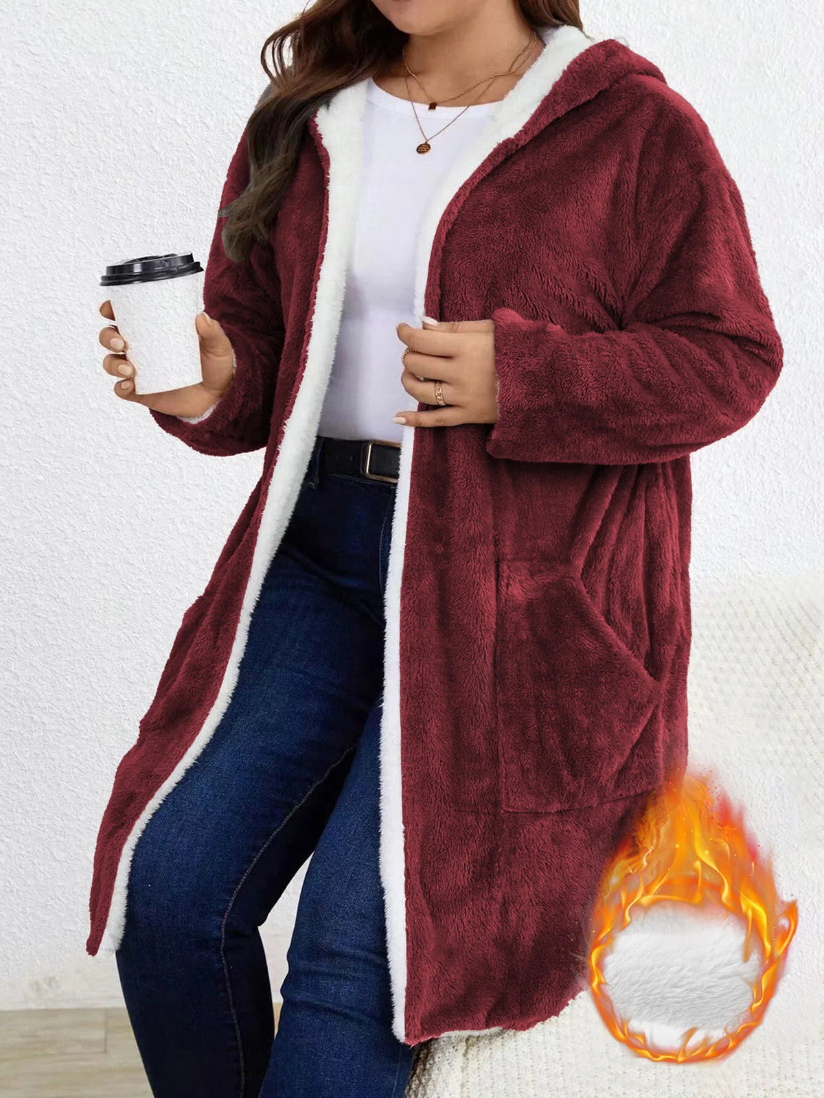 Women Fuzzy Fleece Lined Hooded Long Open Cardigan Warm Sherpa Trim Mid Length Coat With Side Pockets