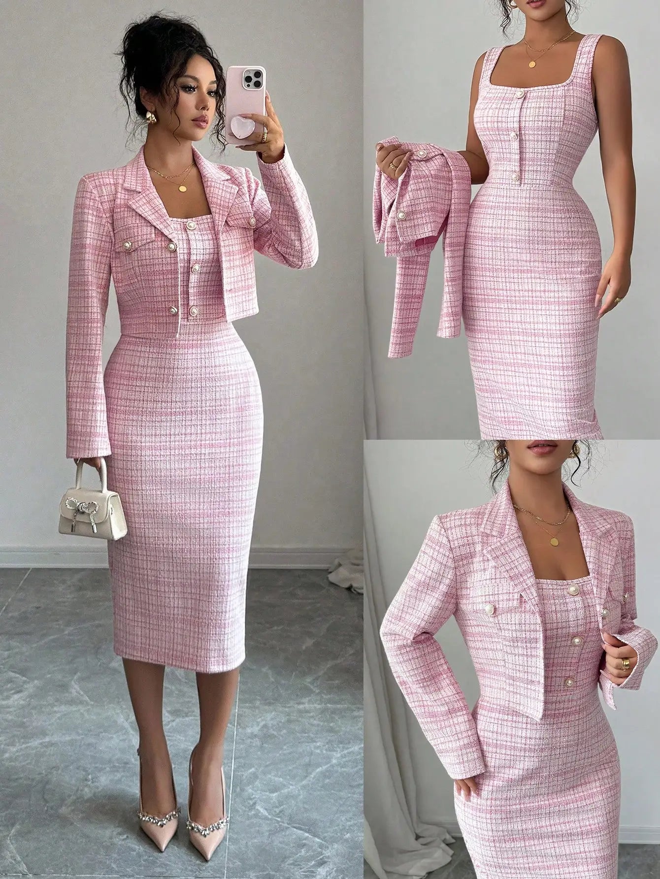 Elegant Tweed 2-Piece Set: Short Blazer Jacket + Sleeveless Fitted Bodycon Dress