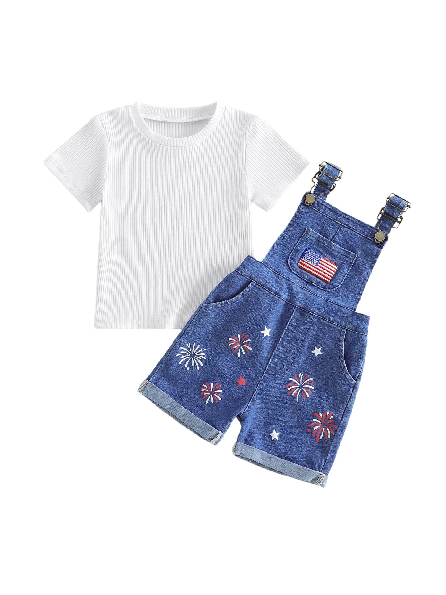 Short Sleeve Top and American Flag Print Denim Shorts Set