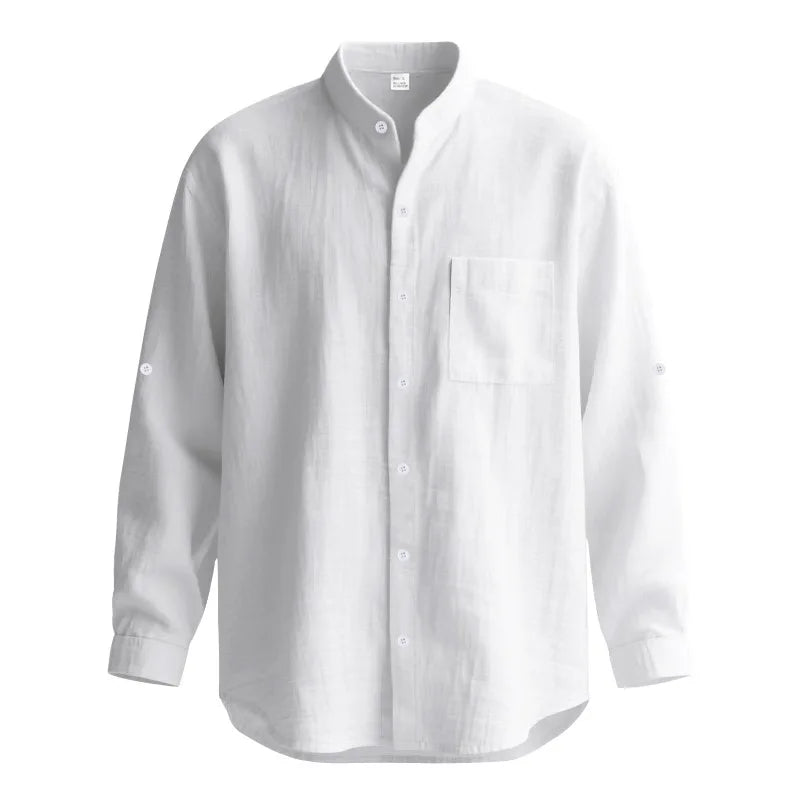 Men White Linen Button Down Long Sleeve Shirt Mandarin Collar Chest Pocket Roll Tab Cuff Loose Oversized & Breathable