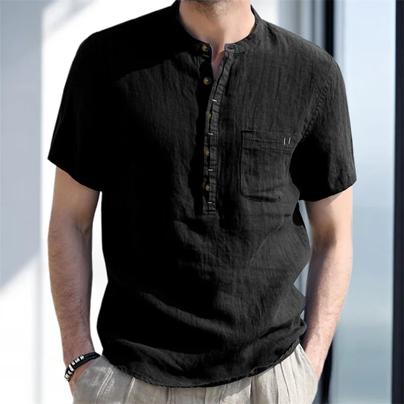 Casual Short Sleeve Linen Shirt Lightweight Breathable with Round Neck