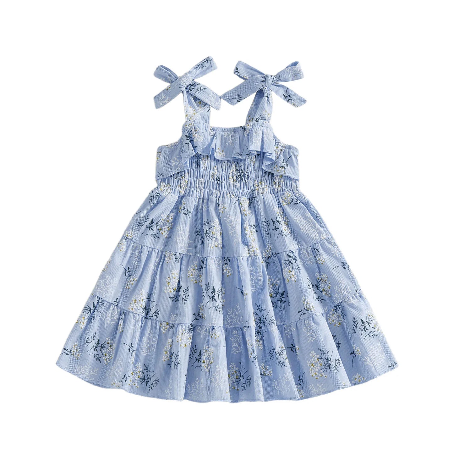 Girls Sleeveless Floral Print A-Line Dress with Tie Shoulder Detail