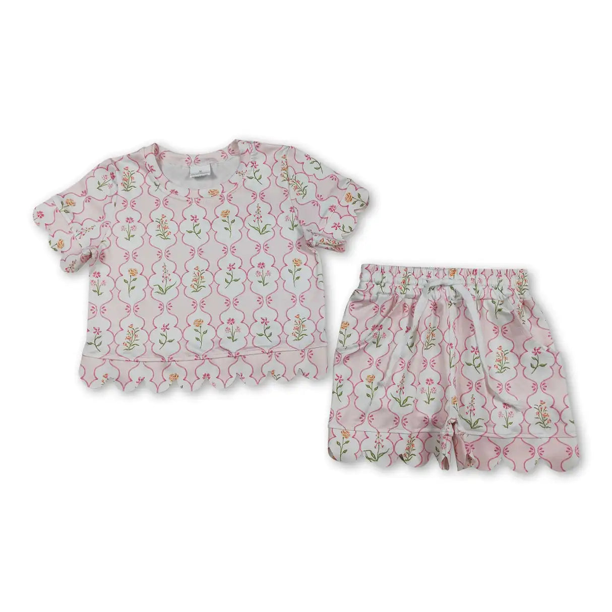 Girls Colorful Flowers Top with Scallop Short Sets