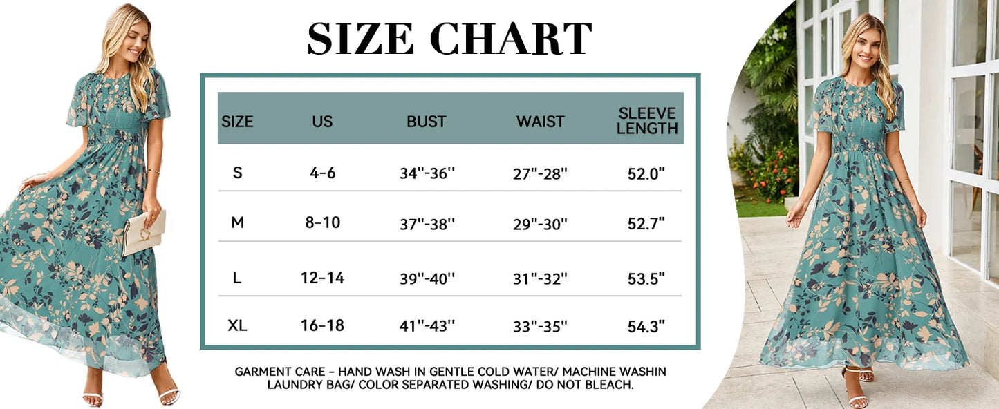 Womens Casual Floral Summer Maxi Dress 2026 Boho Flowy Short Sleeve Crew Neck Vacation Smocked Chiffon Dresses