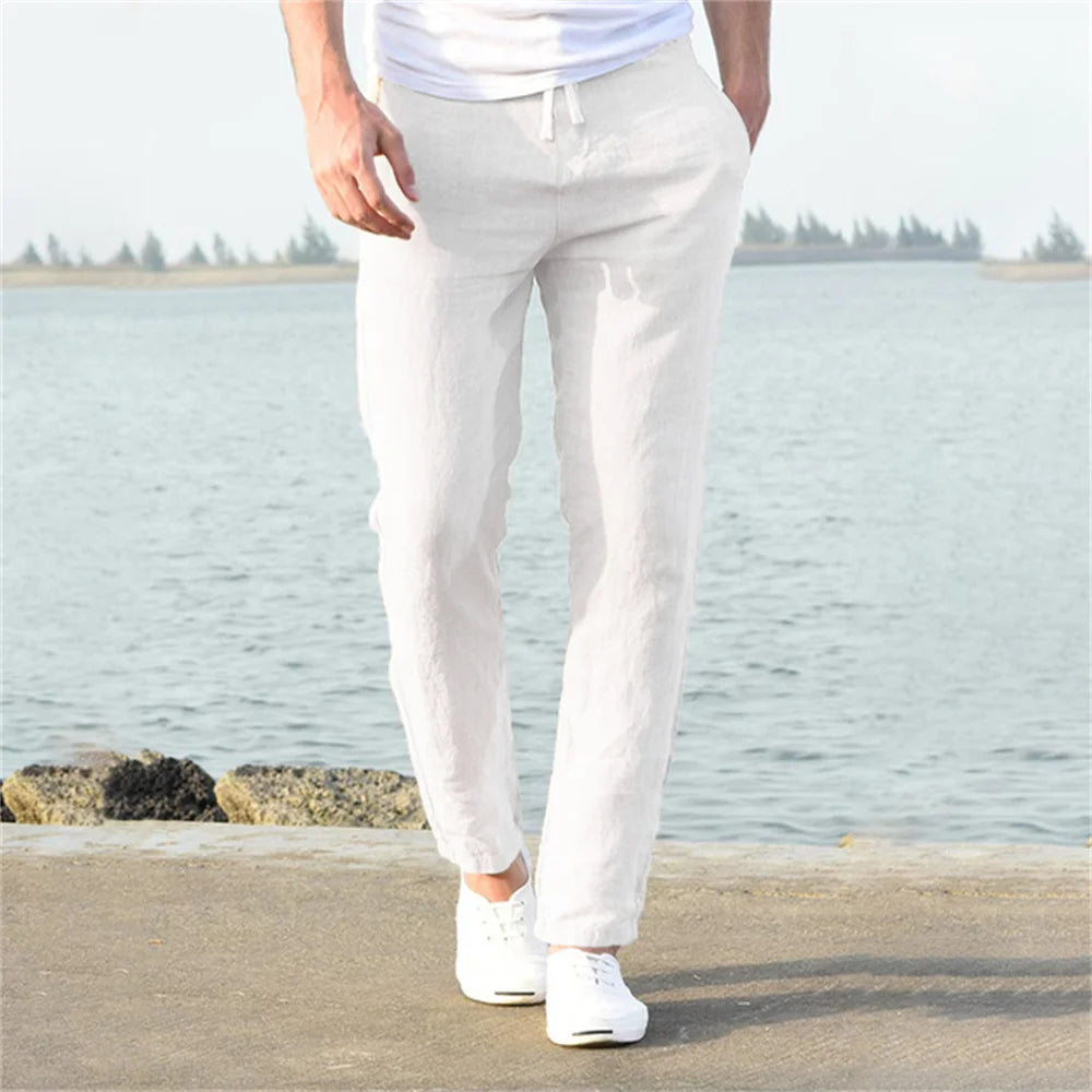 Men's Cotton Linen Pants New Breathable Solid Color Linen Trousers S-3XL