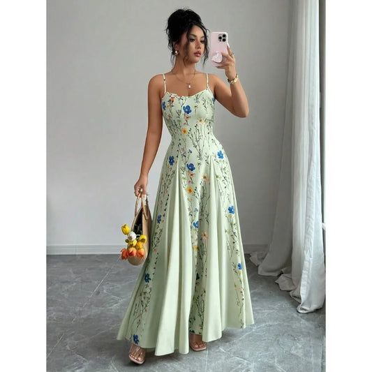 Elegant Floral Print And Solid Color Contrast Long Slinky Spaghetti Strap Sundress