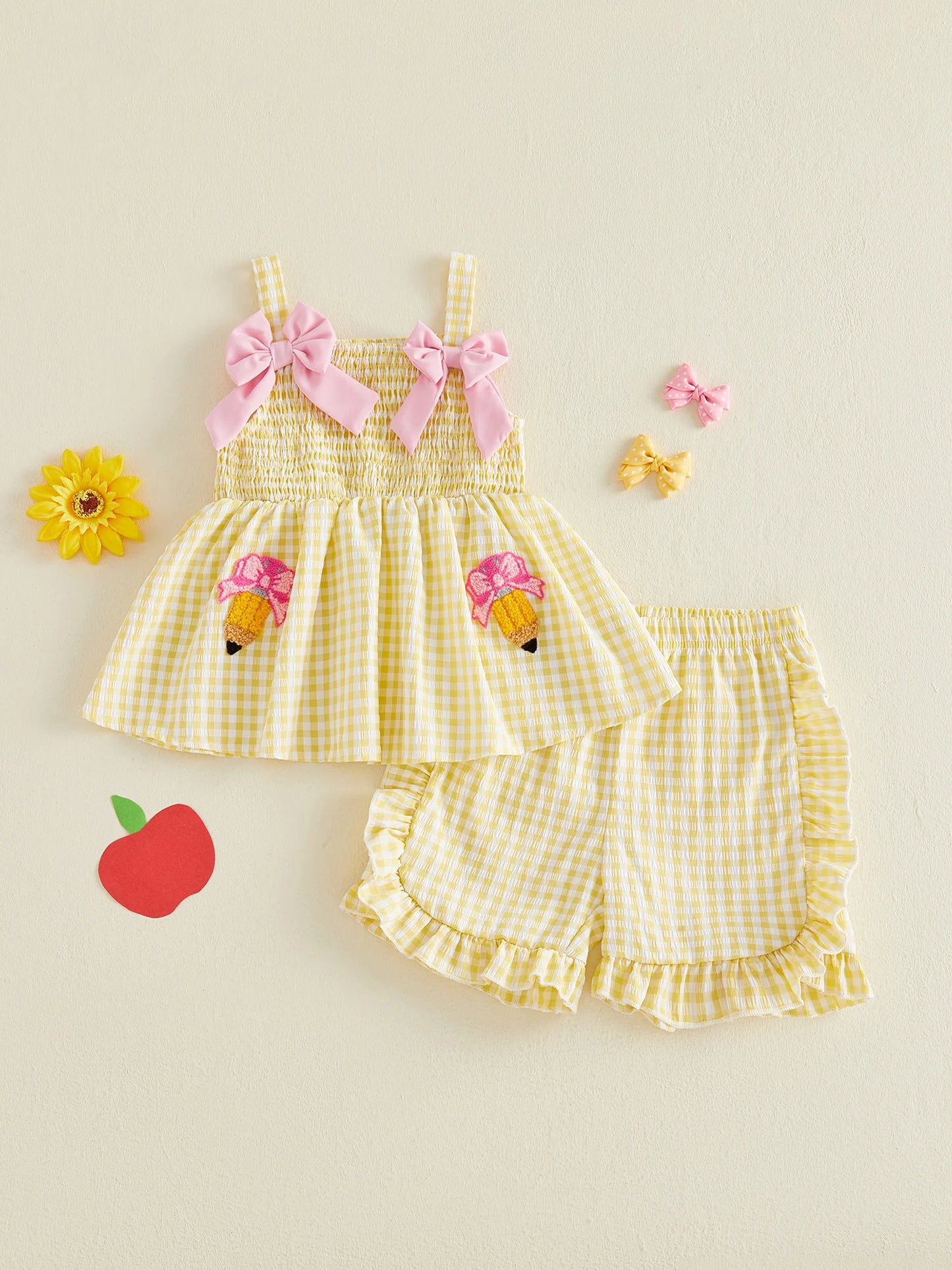 Casual Bow Pencil Pattern Plaid Sleeveless Top with Ruffled Trim Shorts