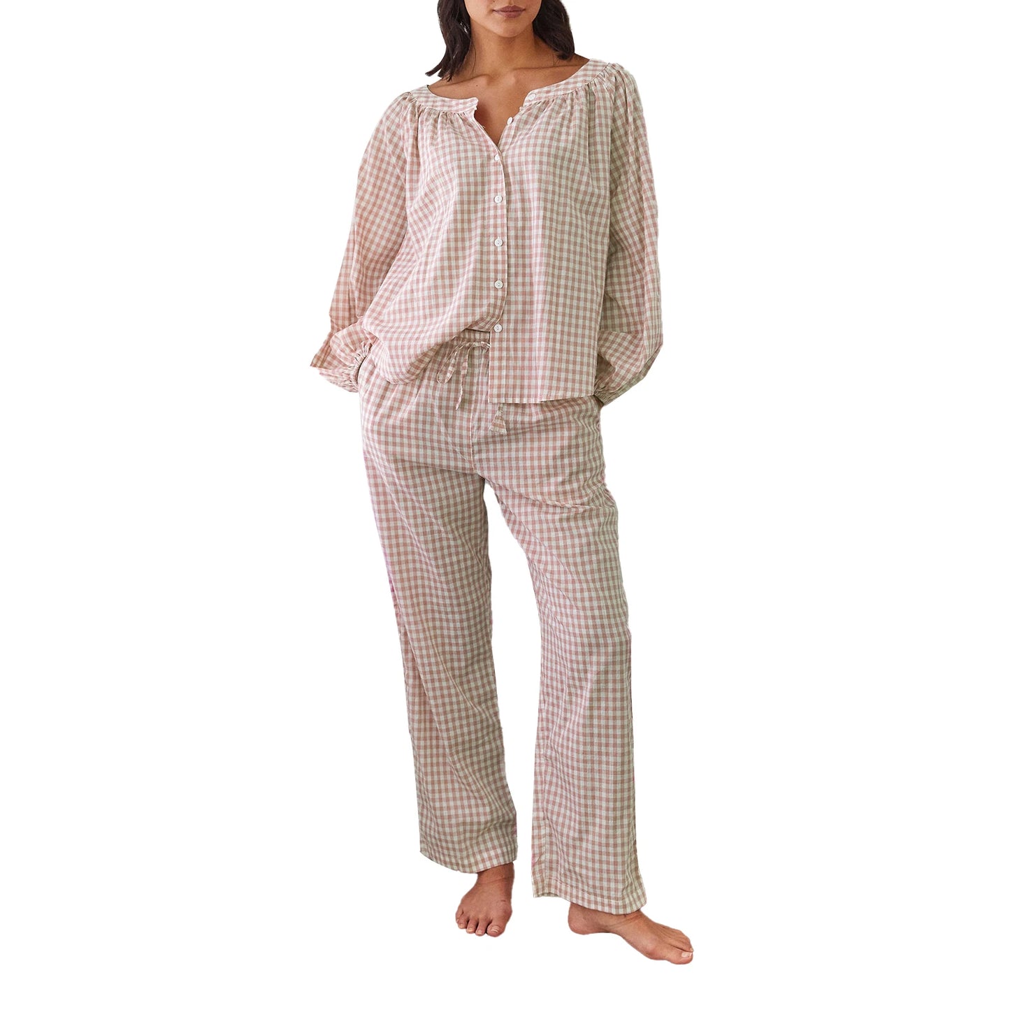 Women s Cozy Plaid Print Pajama Set with Long Lantern Sleeves and Elastic Waistband - Button Down Top and Lounge Pants