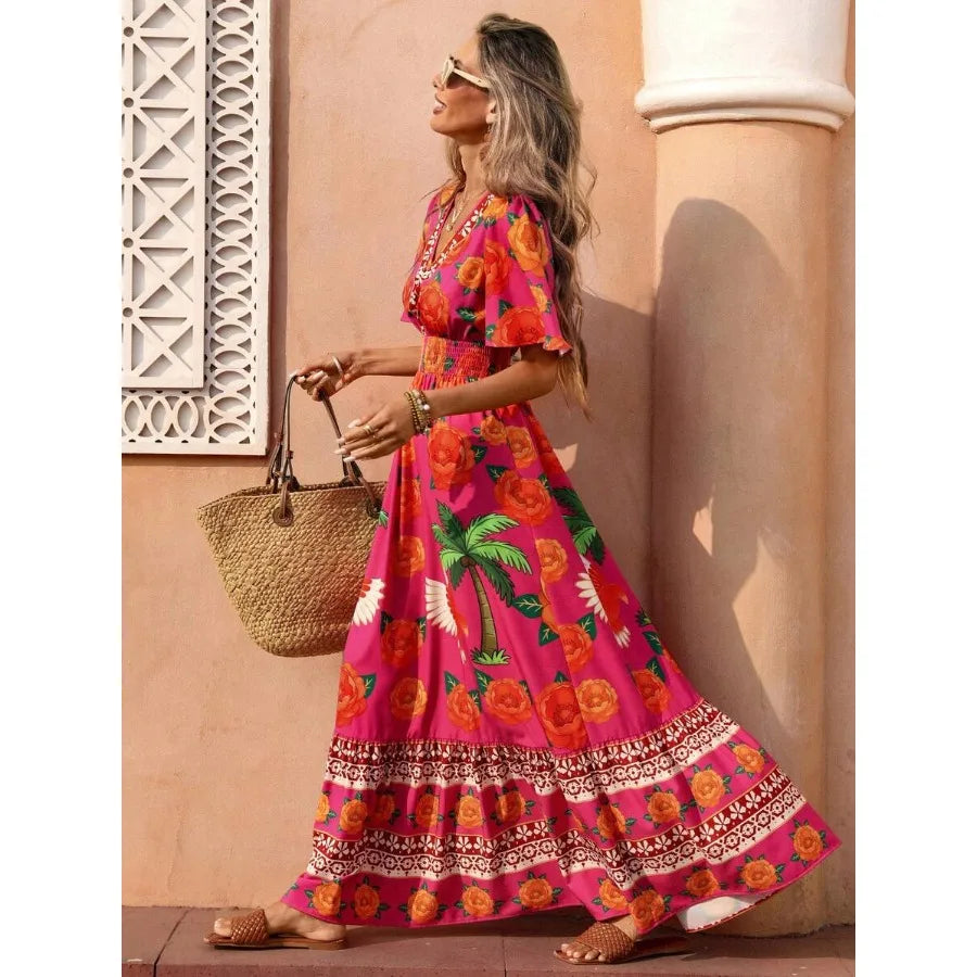 Women Bohemian Maxi Dress Fuchsia Floral Print Multi-Color