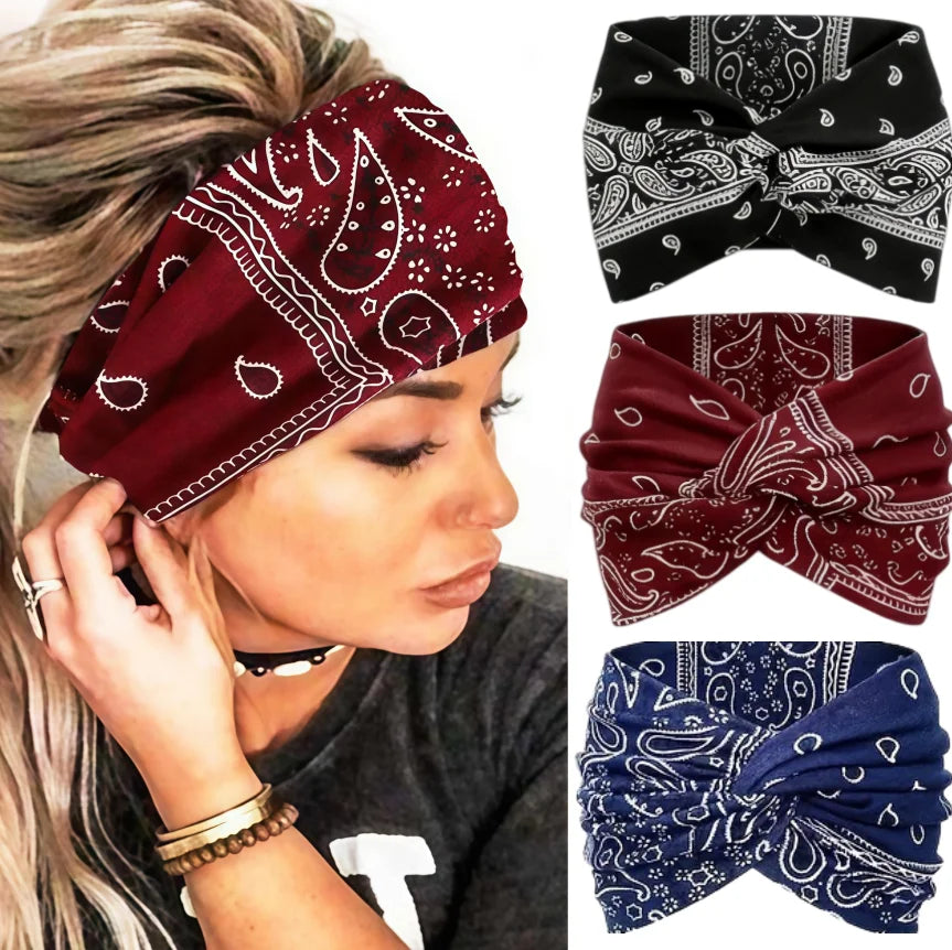 3 Pack Wide Headbands Paisley Twist Hair Bands Stretchy Cross Head Turban Bandana Non Slip Hair Wraps