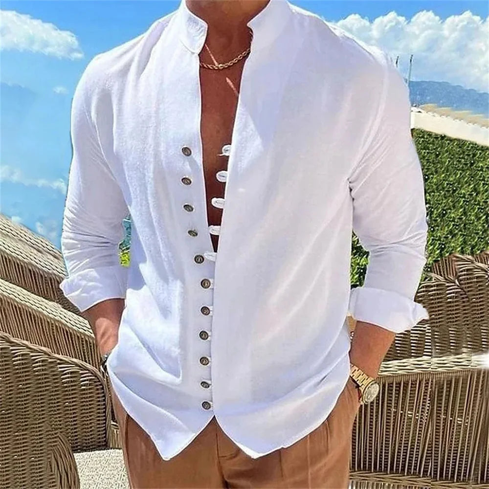 Men's Cotton Linen Shirt, Long-Sleeved, Solid Color Button Up
