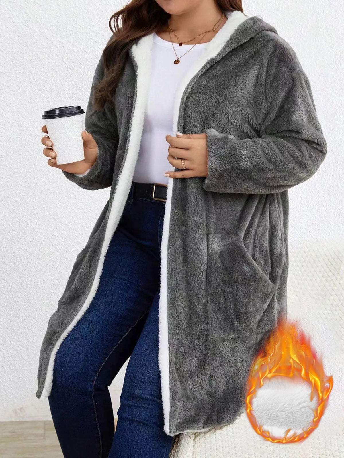 Women Fuzzy Fleece Lined Hooded Long Open Cardigan Warm Sherpa Trim Mid Length Coat With Side Pockets