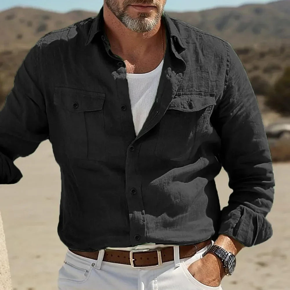 Men's Casual Cotton Linen Shirt, Breathable Solid Color