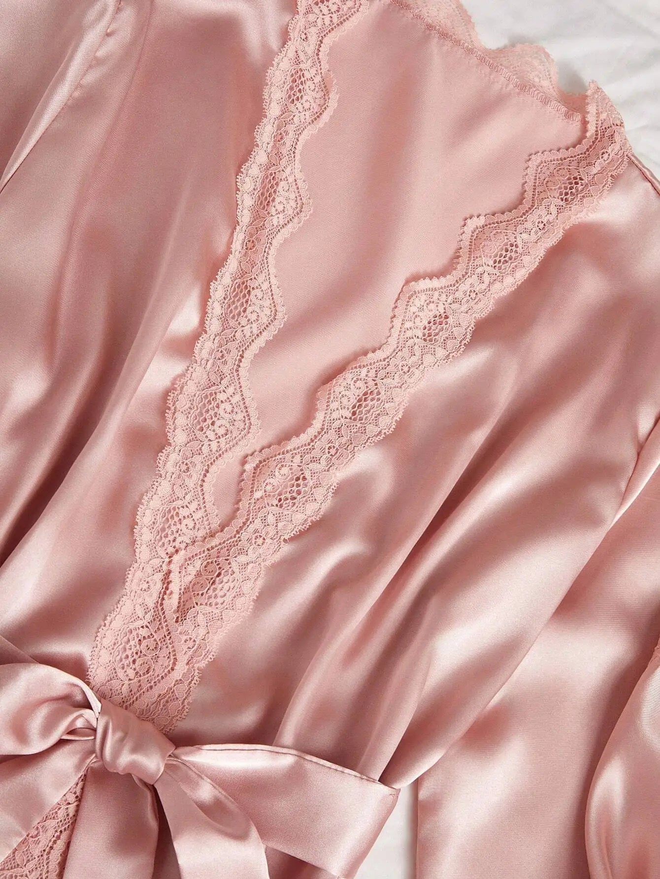 4-Piece Pink Faux Silk Pajama Set with Lace Trim - Cami, Shorts, Pants & Robe for Women