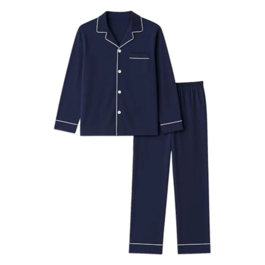 Men's Cotton, Soft Long Sleeve, Lightweight Button Up Sleepwear Lounge Set with Pockets