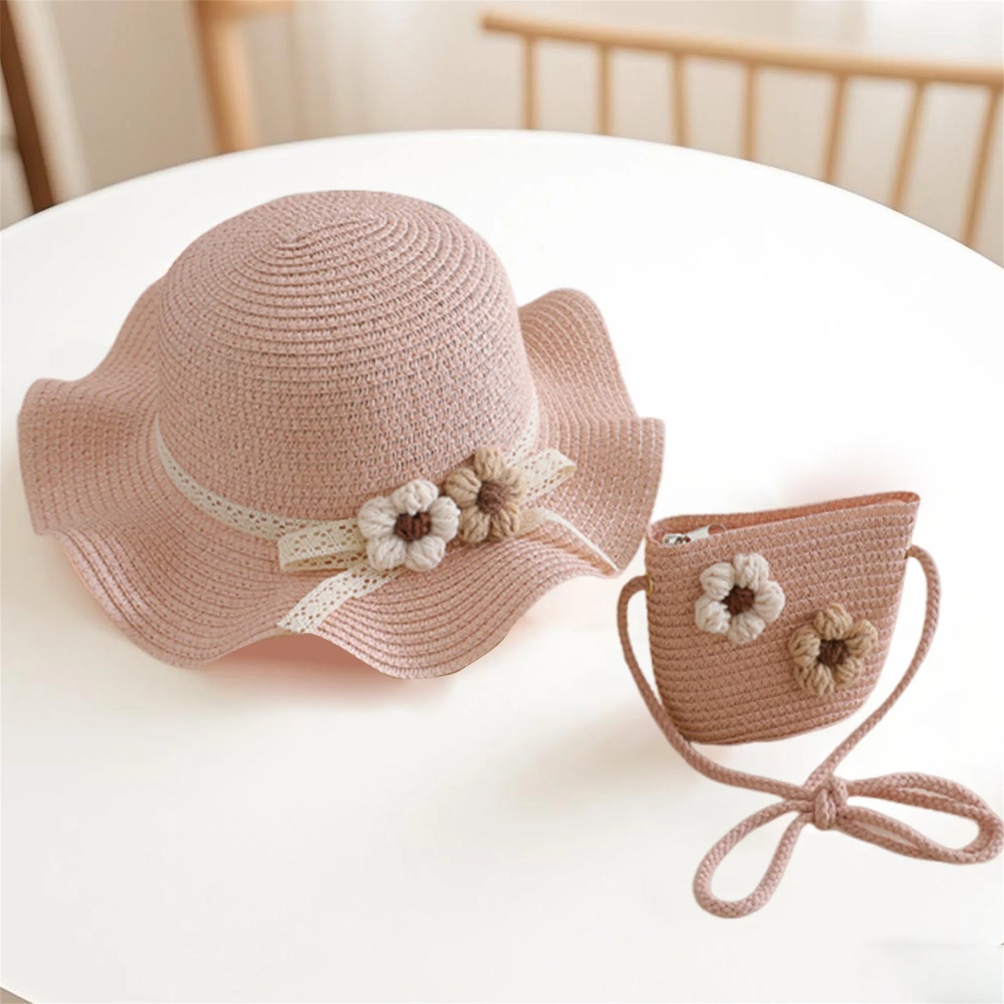 Girls Summer Sun Hat and Tote Bag Set with 3D Floral Embellishments Lace Detail Wide Brim and Adjustable Crossbody Strap