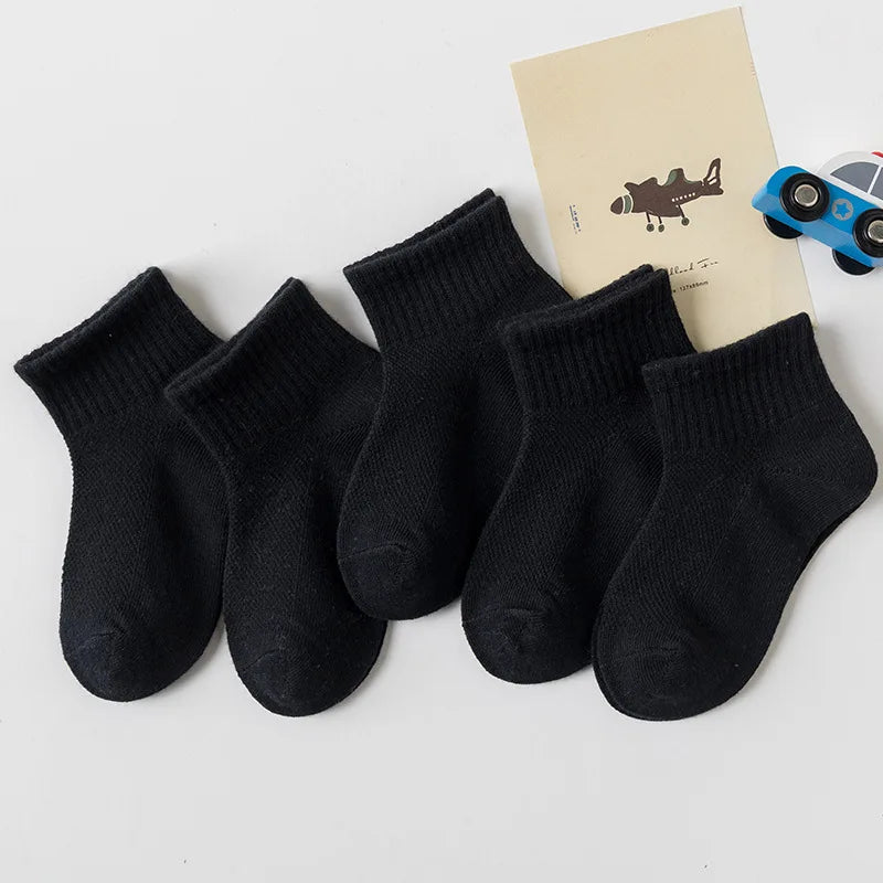 5 Pairs Children  Cotton Socks  Black, White, Gray For 1-12 Years