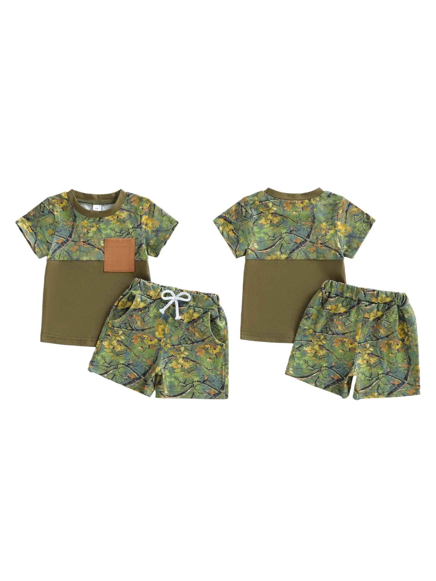 Boys Leaf Print Short Sleeve T-shirt and Elastic Waist Shorts Set