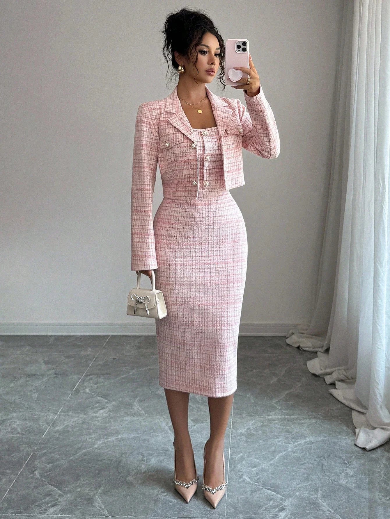Elegant Tweed 2-Piece Set: Short Blazer Jacket + Sleeveless Fitted Bodycon Dress