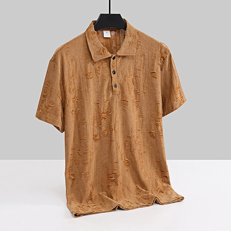 Men s Casual Short Sleeve T-Shirts with Vintage Distressed Texture and Stylish Button Lapel V Neck Design