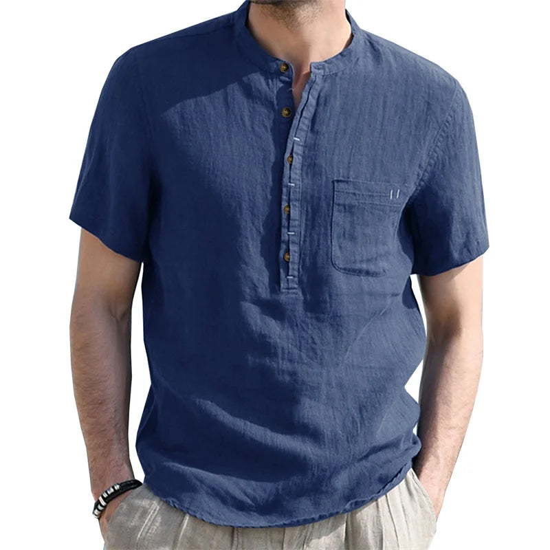 Casual Short Sleeve Linen Shirt Lightweight Breathable with Round Neck