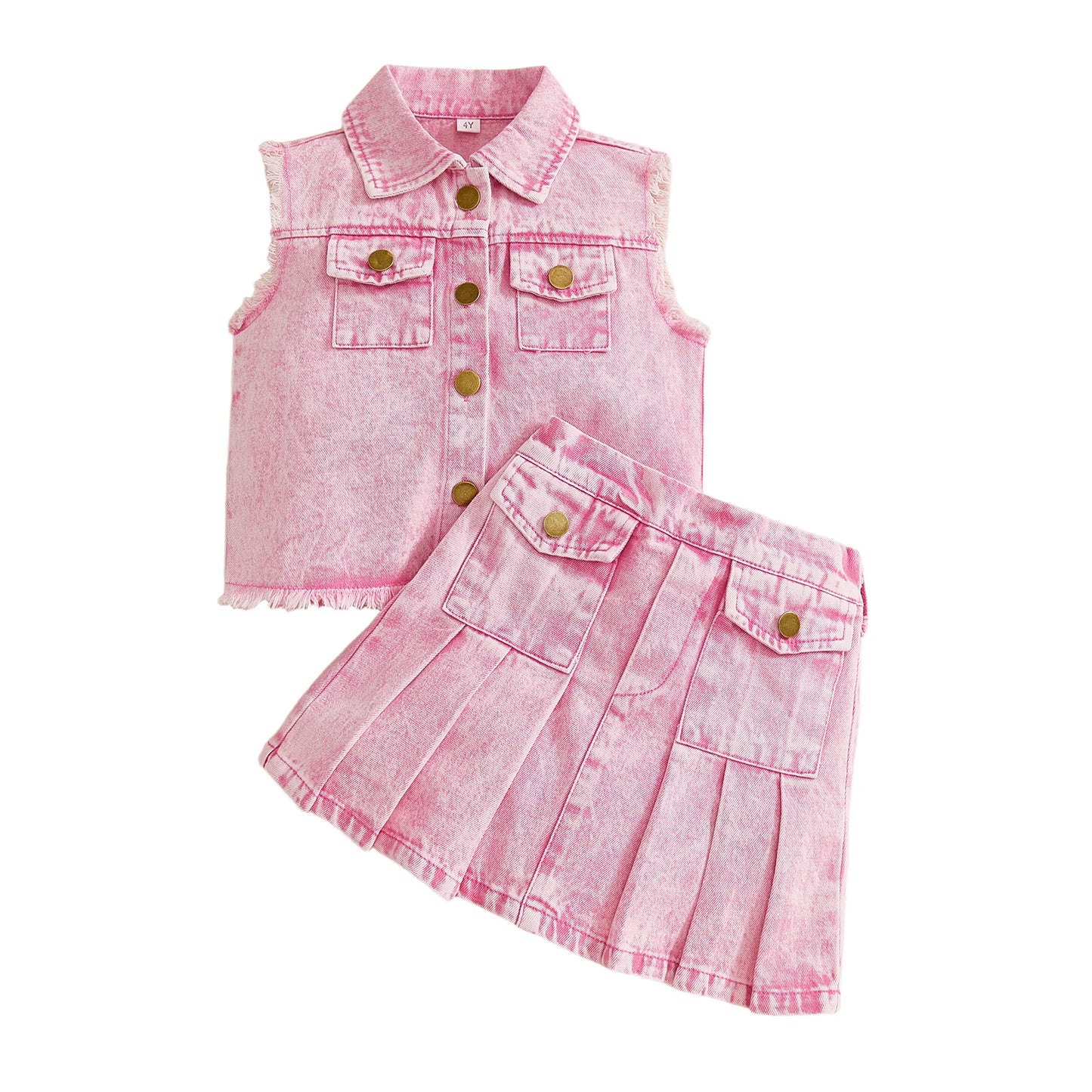 Denim Sleeveless Collared Vest and Pleated Skirt