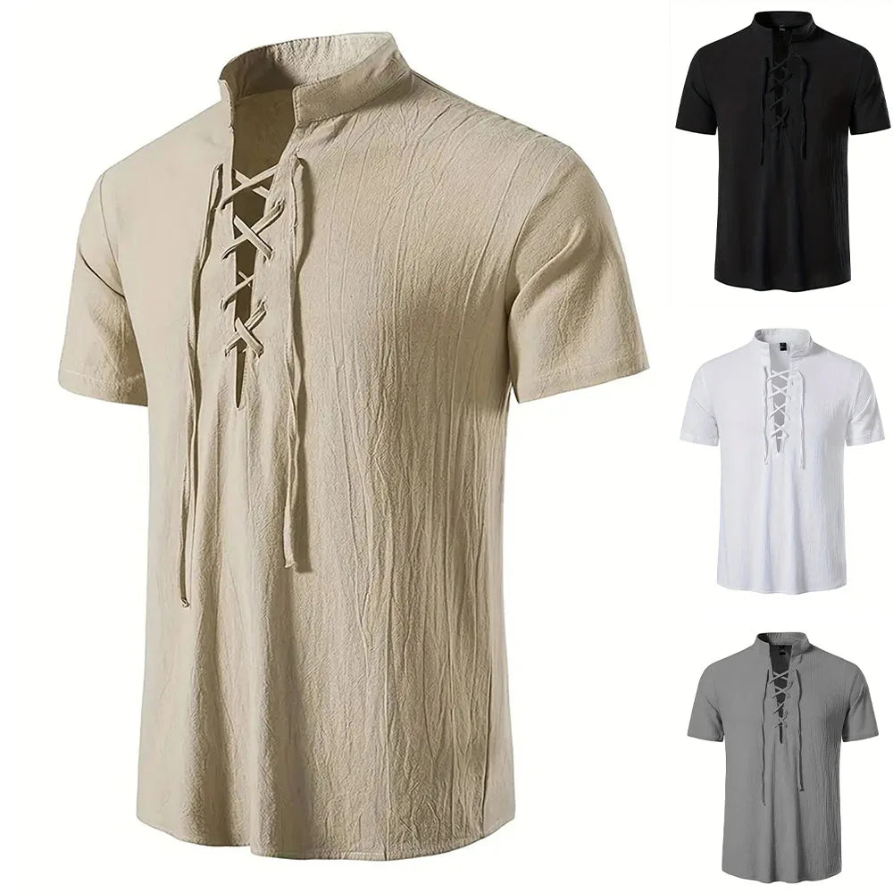 Men's Short Sleeve Cotton Linen Lightweight Breathable Solid Color Pirate V-neck