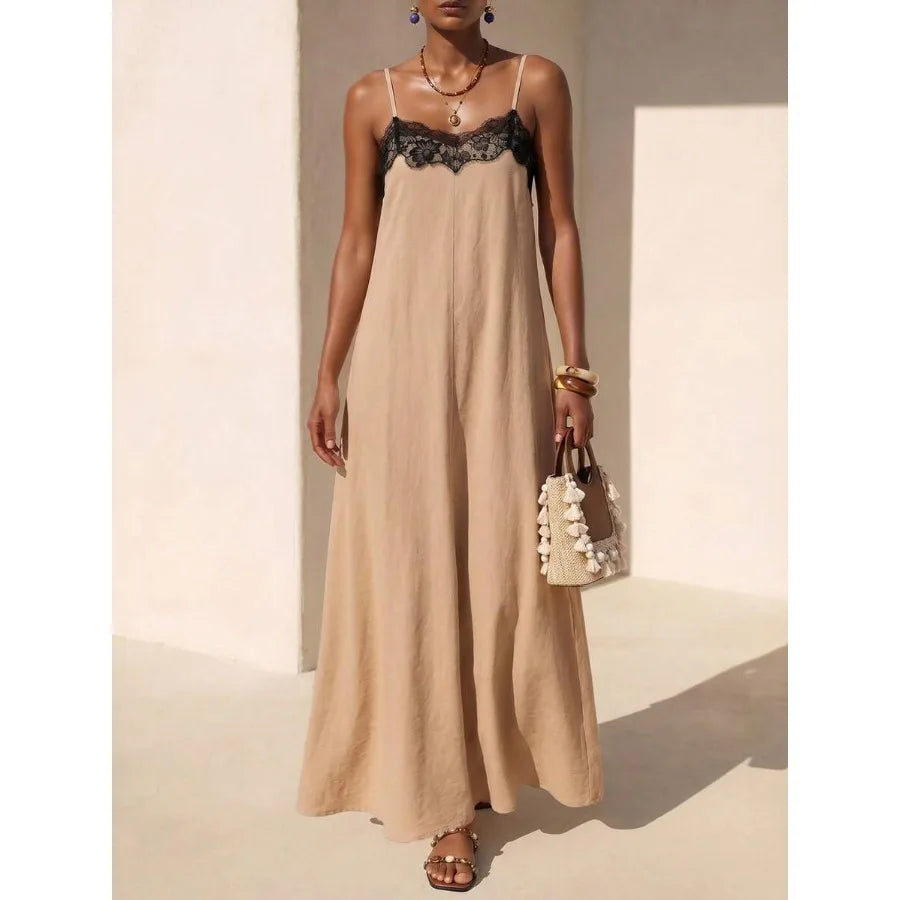 Floral Lace Splice Contrast Color A-Line Long Apricot Dress