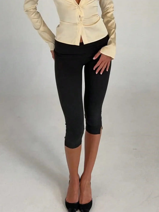 Women's Low Waist Capri Leggings Fold Over Waistband Split Hem Solid Color Slim Fit Stretchy Cropped Leggings Buttery