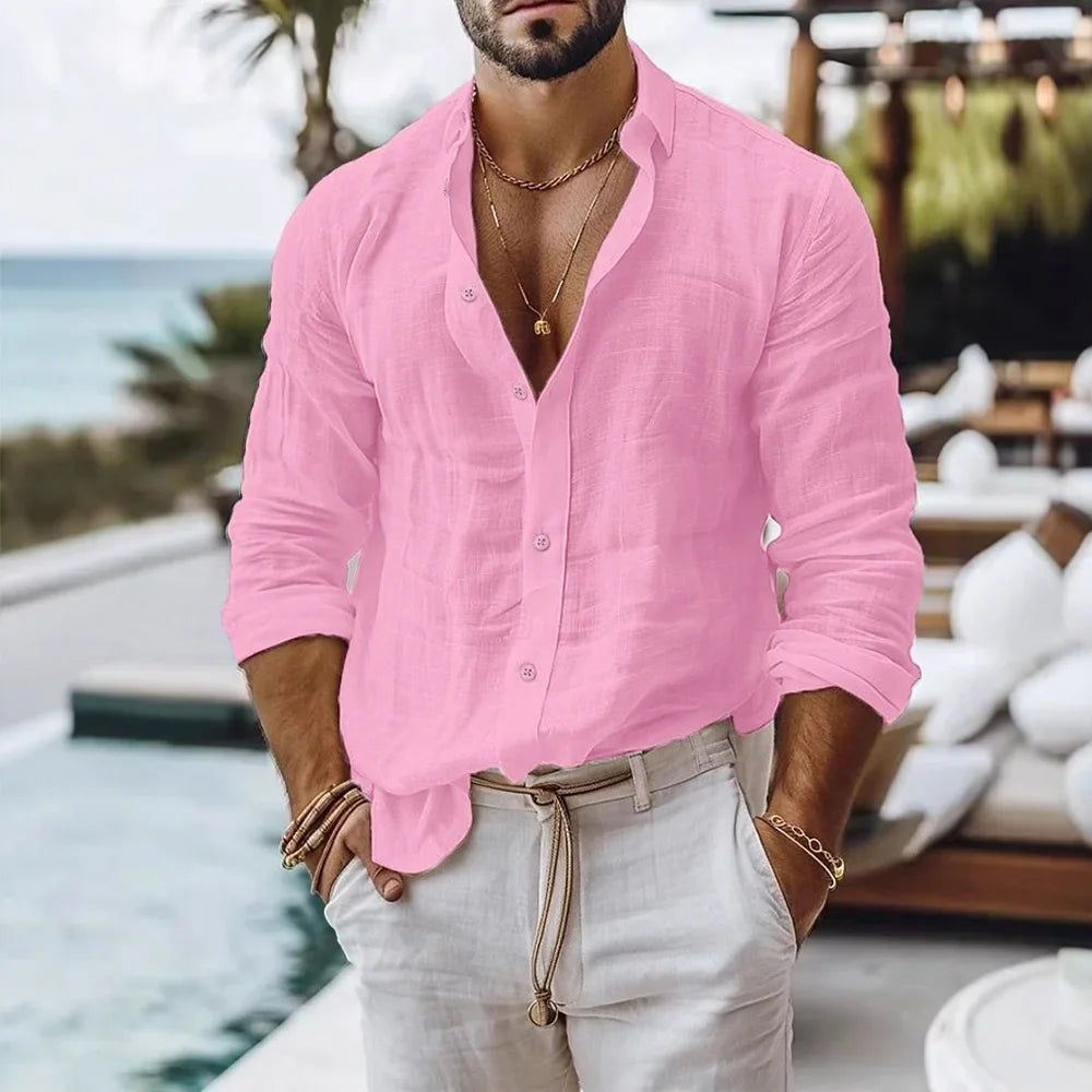 Cotton Linen Shirt, Beach Style Solid Color Single Breasted Breathable, Lightweight Button Tops