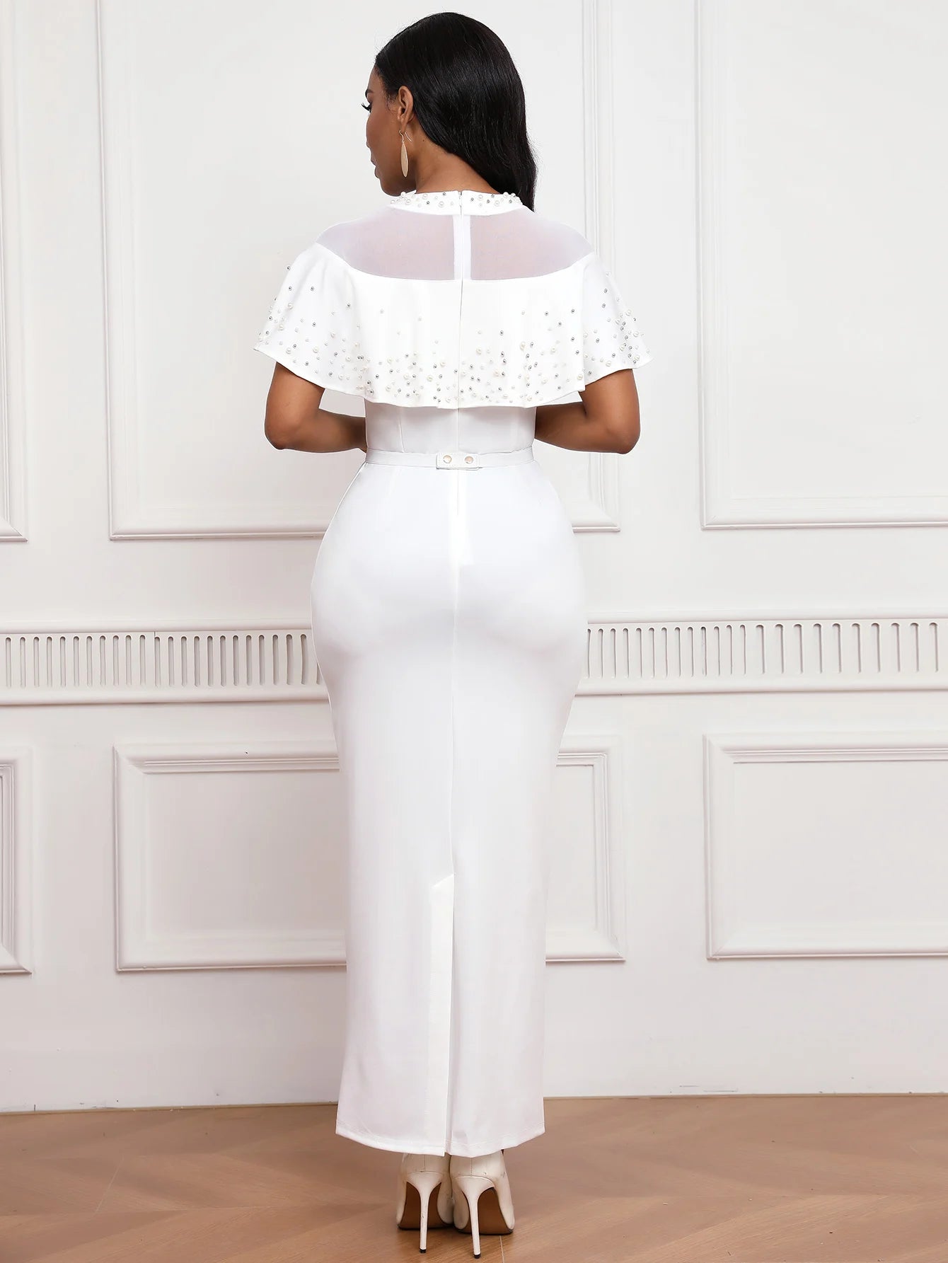Elastic Dress with Beaded Tulle Shawl Sleeves, Belted, Slim-Fitting, and Pencil Long Skirt