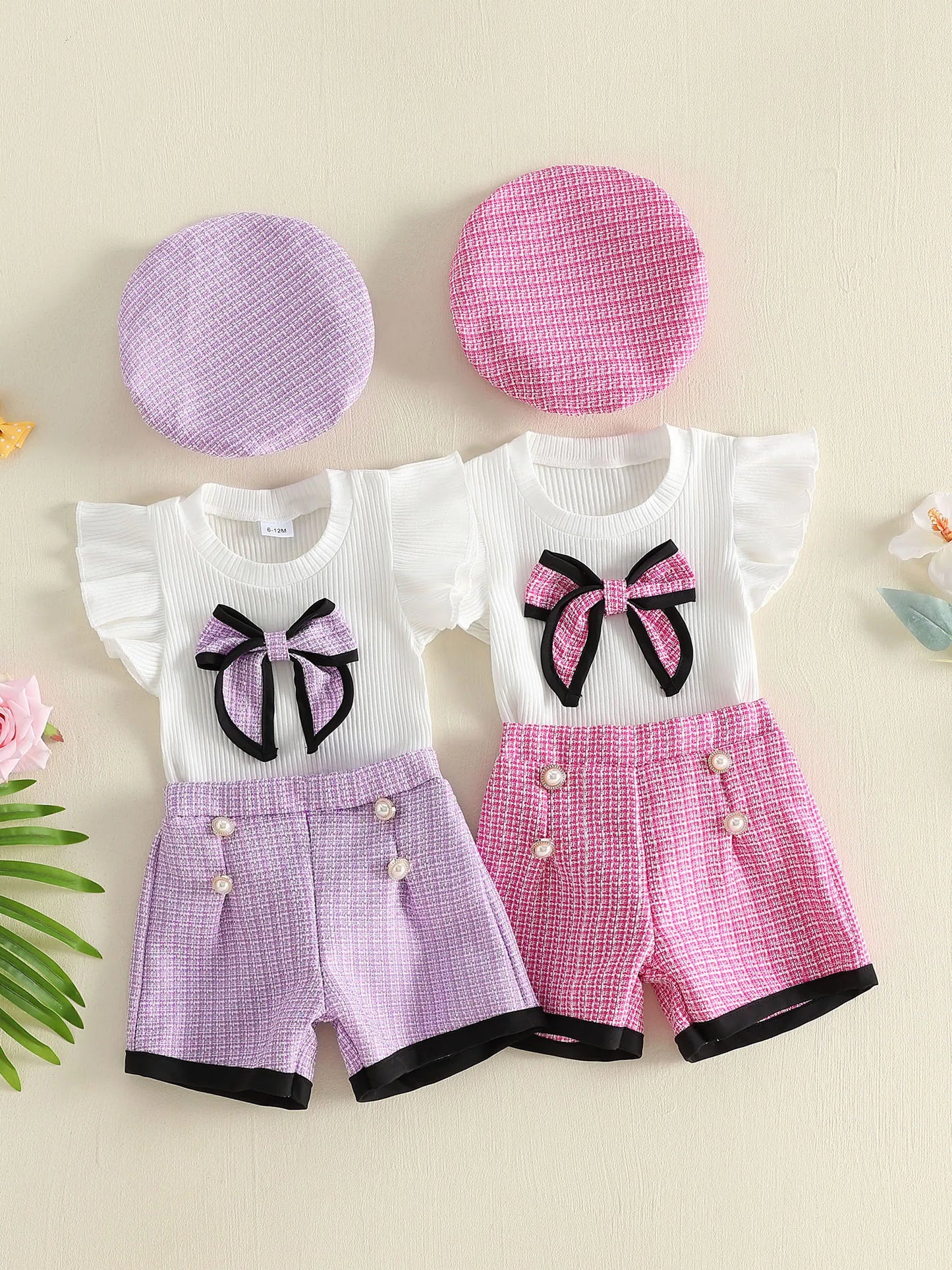 Ruffle Sleeve Top and Denim Shorts Set with Matching Headband