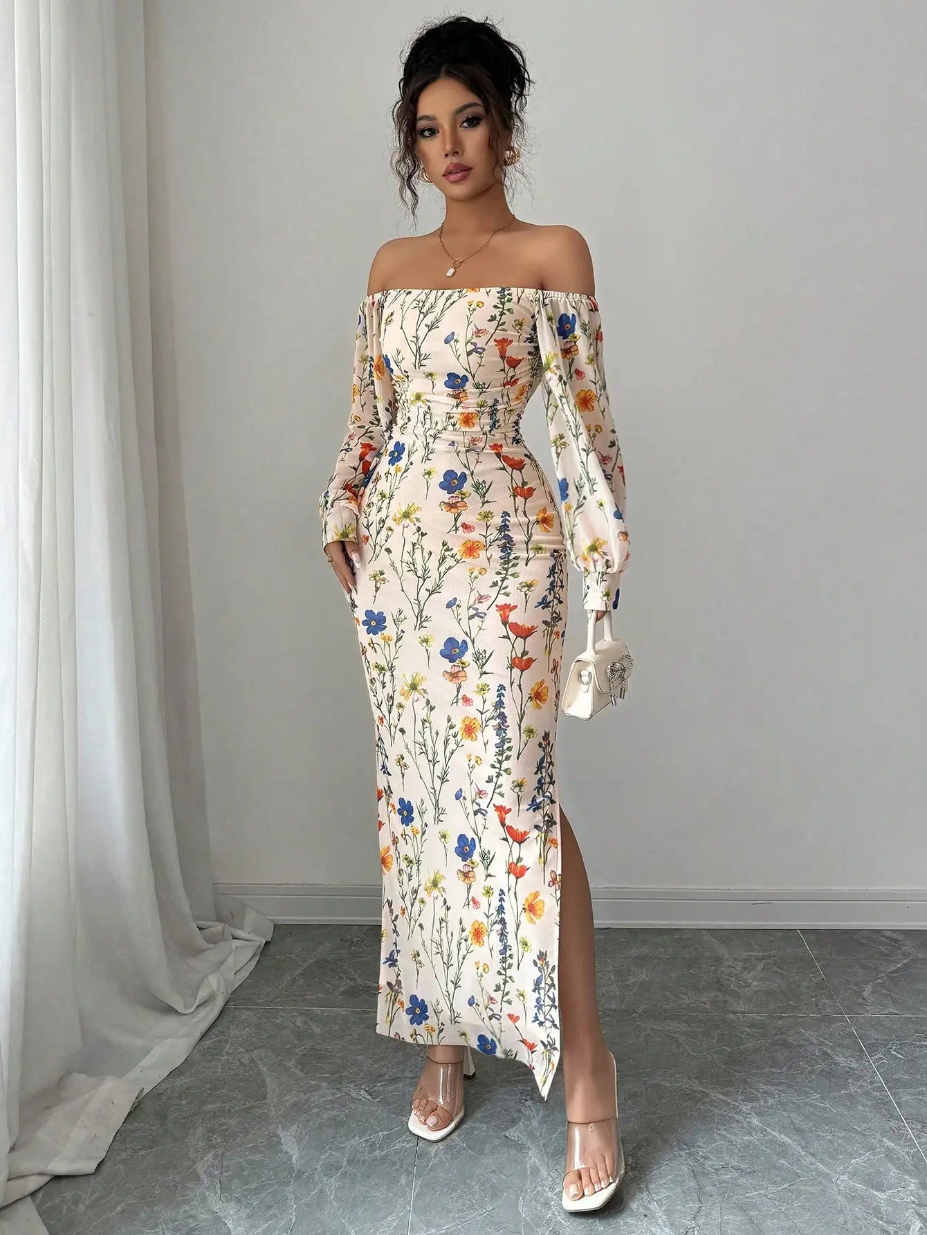 Off Shoulder Floral Print Long Sleeve Maxi Dress With Side Slit