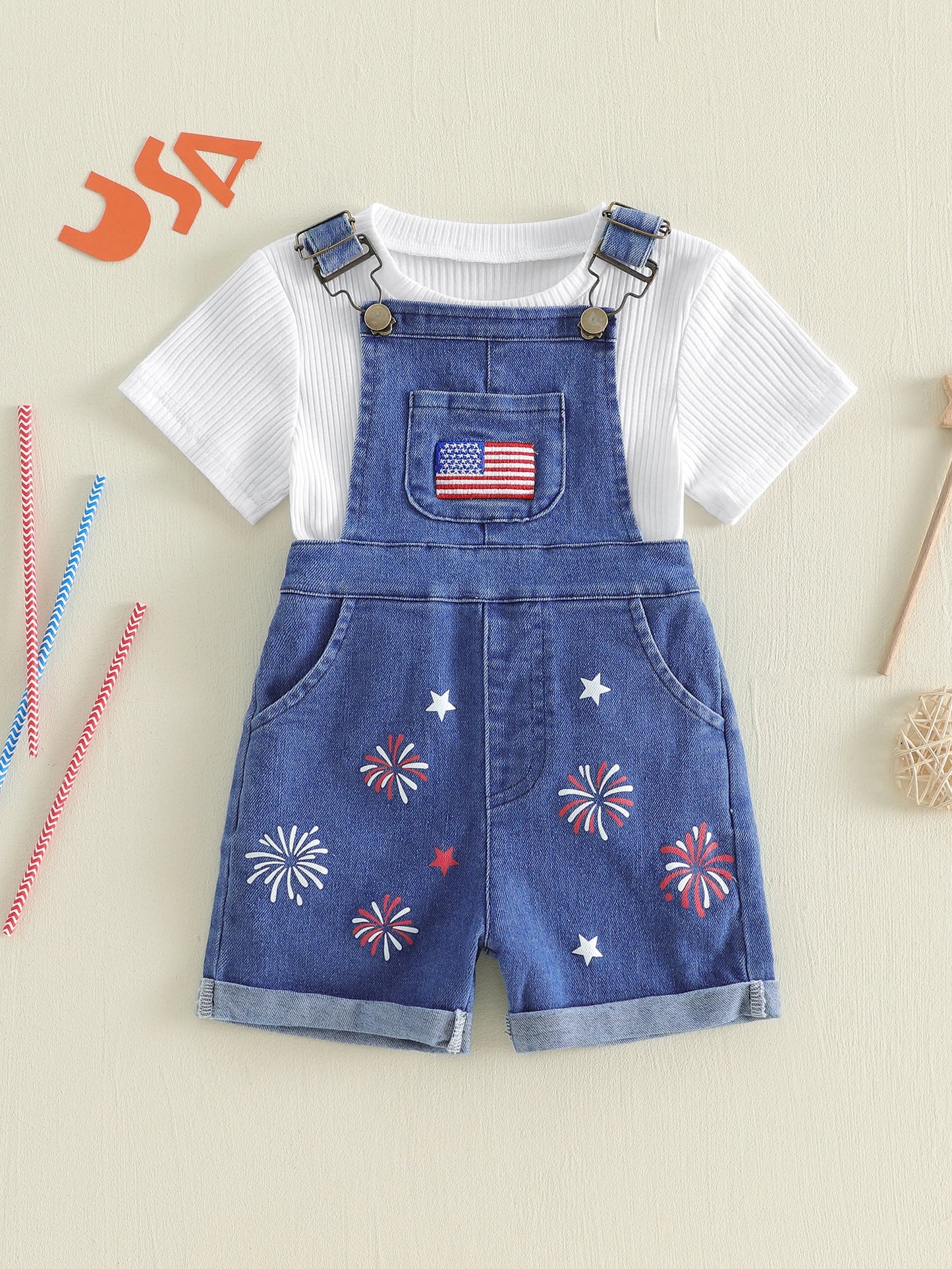 Short Sleeve Top and American Flag Print Denim Shorts Set