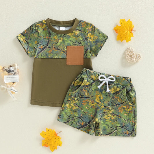 Boys Leaf Print Short Sleeve T-shirt and Elastic Waist Shorts Set