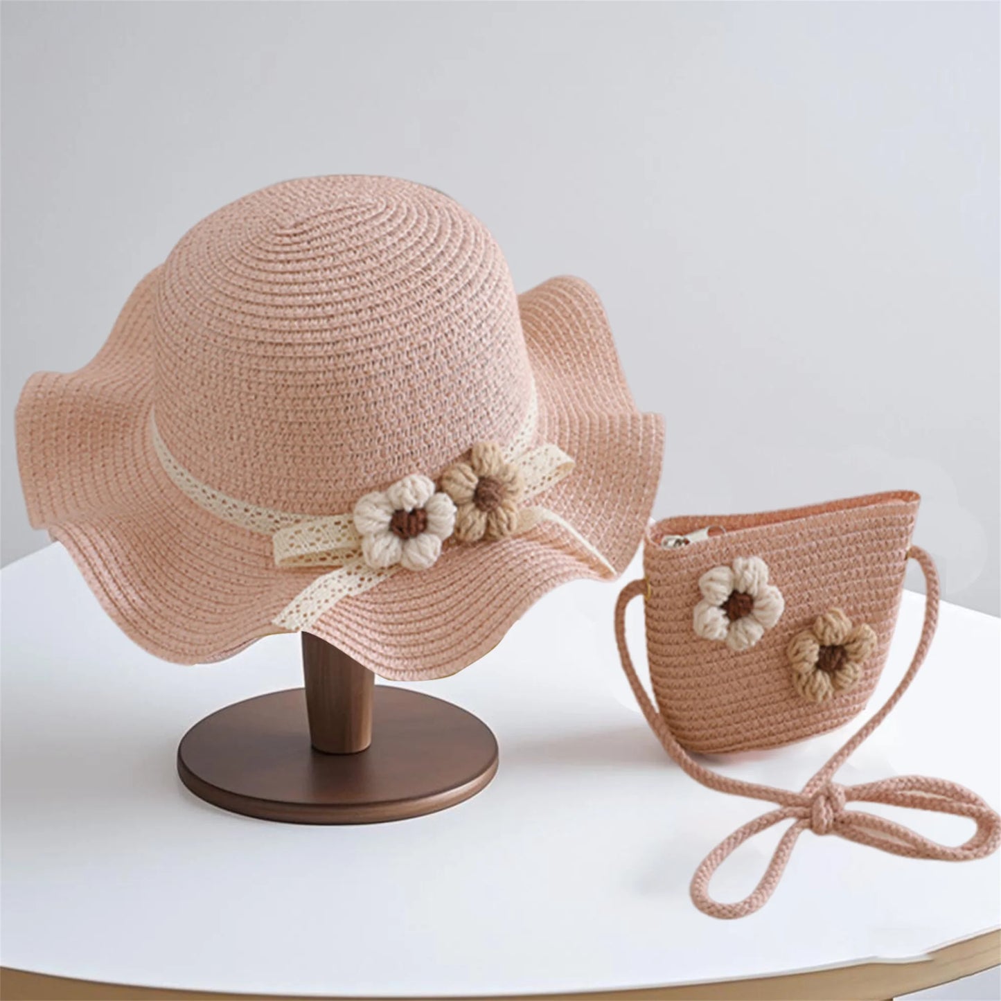 Girls Summer Sun Hat and Tote Bag Set with 3D Floral Embellishments Lace Detail Wide Brim and Adjustable Crossbody Strap