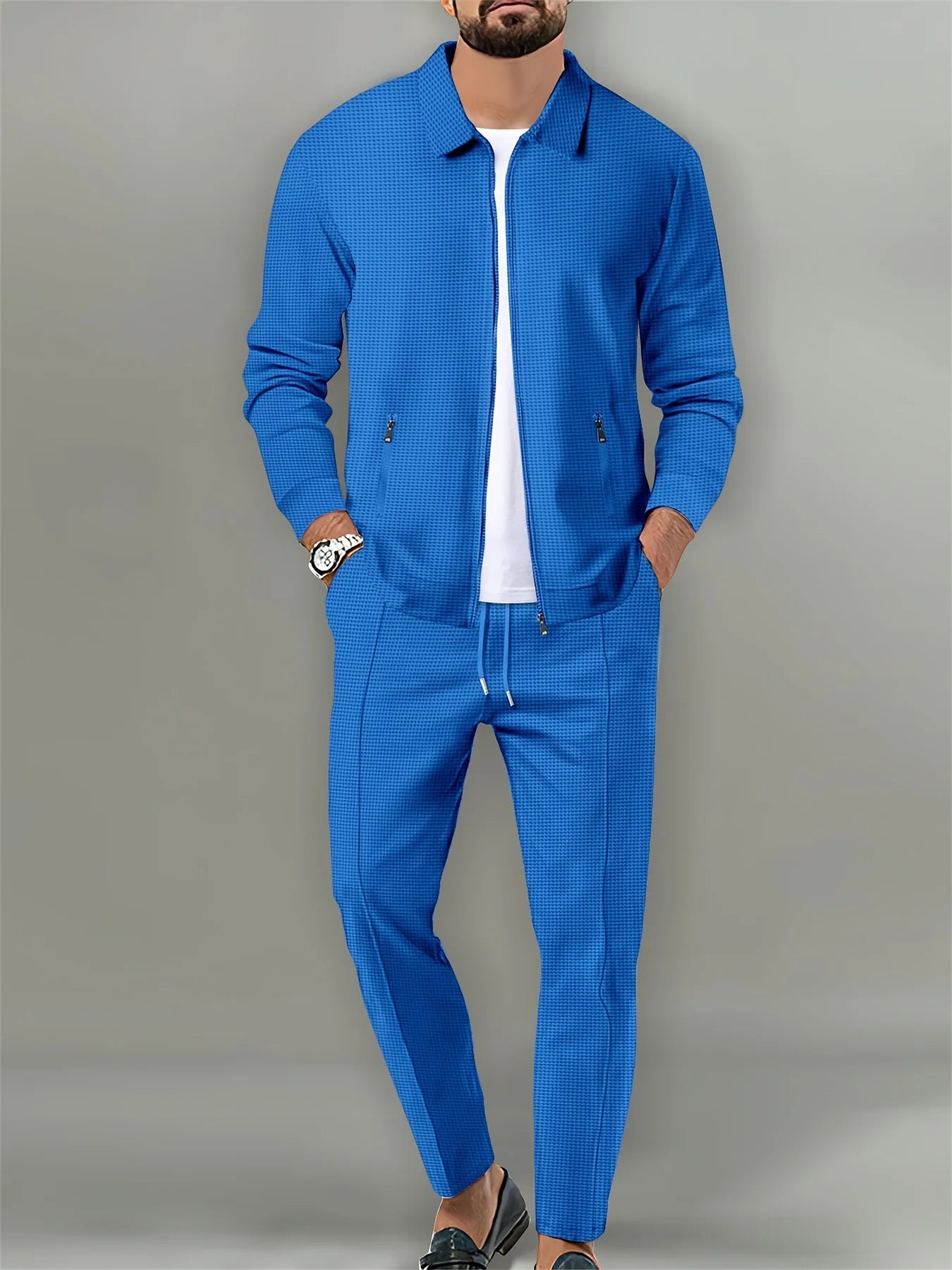 Men's coat, waffle, zipper pocket, lapel, slim cardigan, Men's jacket set